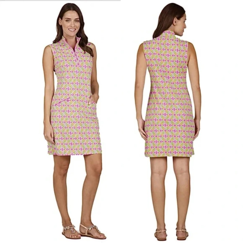 Ibkul Chantal Pineapple Print Sleeveless UPF 50 Dress Pockets Mock Neck Zip S